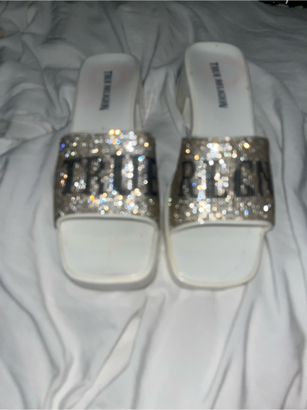 White true religion sandal block heels